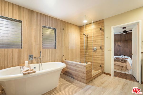 Bathroom, Bedroom, Free Standing Baths, Glass Shower, Interior, Recessed Lighting, Wood Texture Flooring