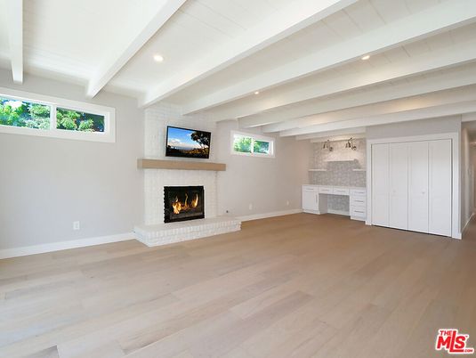 Empty room, Fireplace, Interior, Recessed Lighting, Wood Texture Flooring