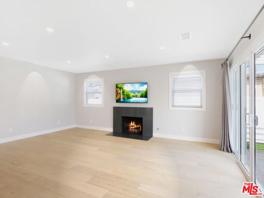 Empty room, Fireplace, Interior, Recessed Lighting, Wood Texture Flooring