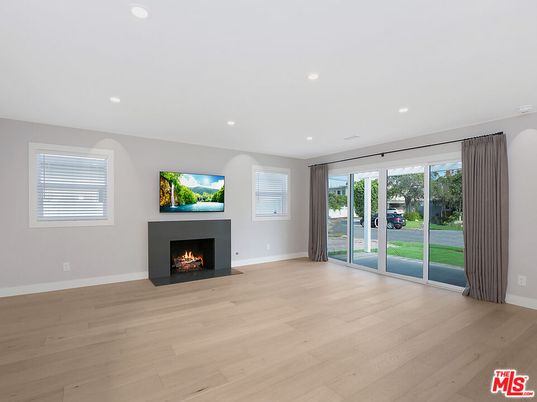 Empty room, Fireplace, Interior, Recessed Lighting, Wood Texture Flooring