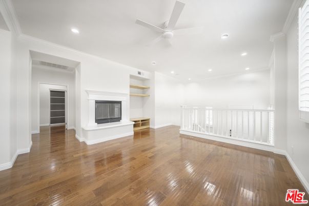 Empty room, Fireplace, Interior, Recessed Lighting, Wood Texture Flooring