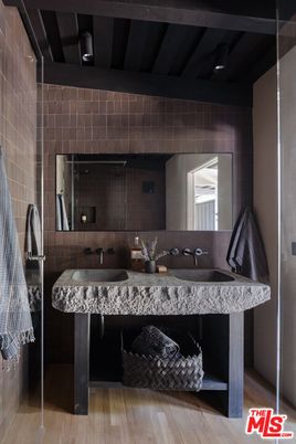 Bathroom, Dual Sink Vanities, Interior, Wooden Ceilings, Wood Texture Flooring