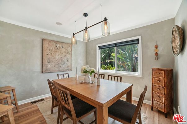 Dining room, Interior, Pendant Lights, Wood Texture Flooring