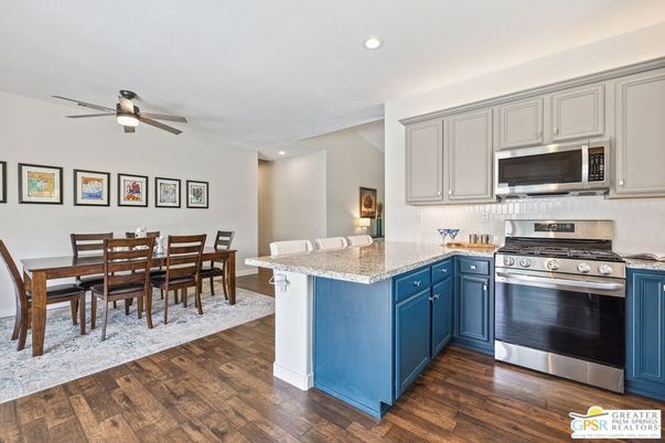 Dining room, Interior, Kitchen, Recessed Lighting, Stainless Steel Appliances, Wood Texture Flooring