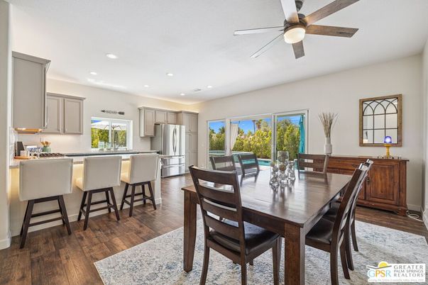 Dining room, Interior, Kitchen, Recessed Lighting, Stainless Steel Appliances, Wood Texture Flooring