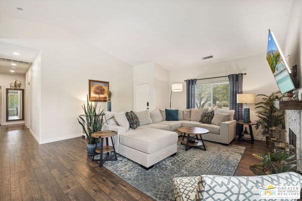 Fireplace, Interior, Living room, Recessed Lighting, Wood Texture Flooring
