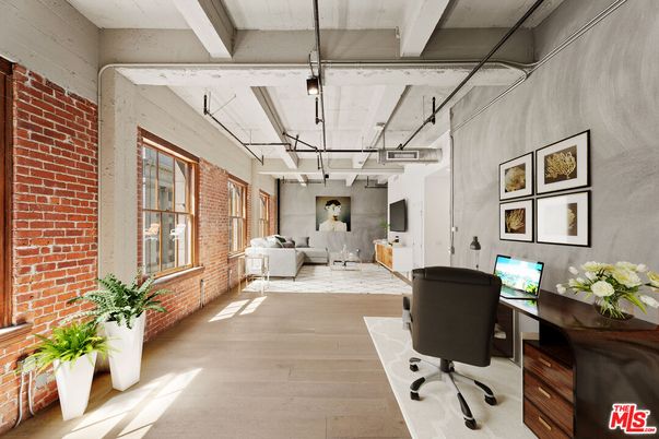 Home Office, Interior, Pendant Lights, Stone Walls, Wood Texture Flooring