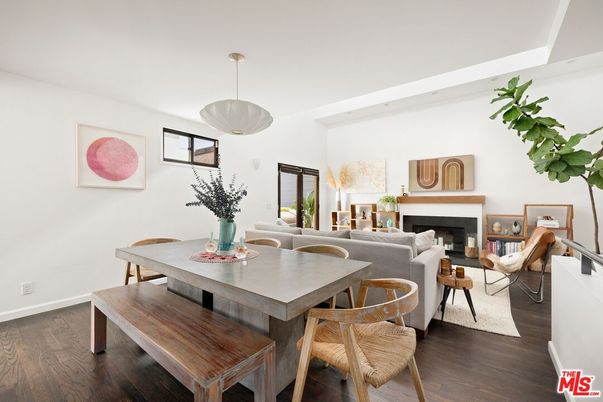 Dining room, Fireplace, Interior, Living room, Pendant Lights, Wood Texture Flooring