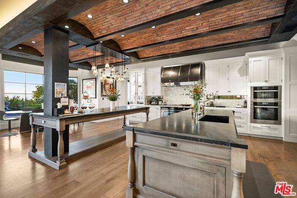 Chandelier, Interior, Kitchen, Recessed Lighting, Stainless Steel Appliances, Wooden Beams, Wooden Ceilings, Wood Texture Flooring
