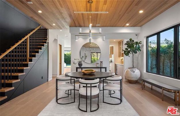 Dining room, Interior, Pendant Lights, Recessed Lighting, Wooden Ceilings, Wood Texture Flooring
