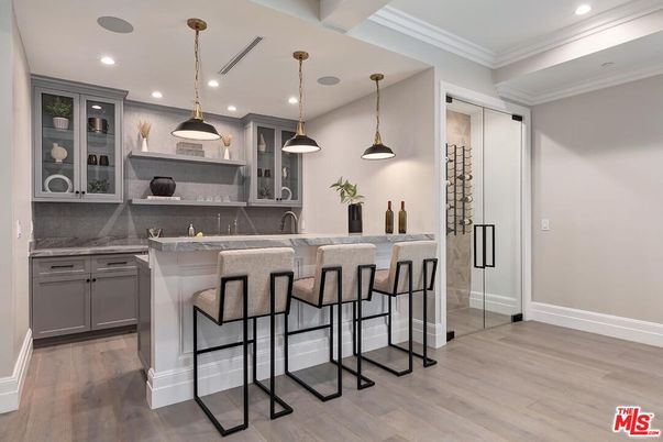 Interior, Kitchen, Pendant Lights, Recessed Lighting, Wine Storage, Wood Texture Flooring