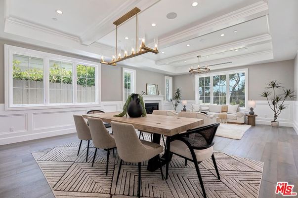 Dining room, Fireplace, Interior, Living room, Pendant Lights, Recessed Lighting, Wood Texture Flooring