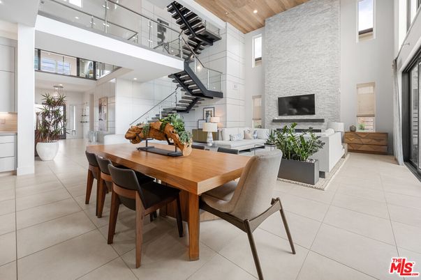 Dining room, Fireplace, Interior, Living room, Recessed Lighting, Wooden Ceilings