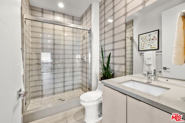 Bathroom, Glass Shower, Interior, Recessed Lighting, Wood Texture Flooring