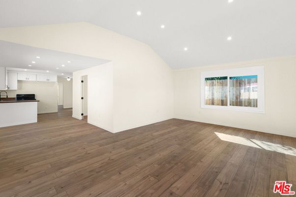 Empty room, Interior, Kitchen, Recessed Lighting, Wood Texture Flooring
