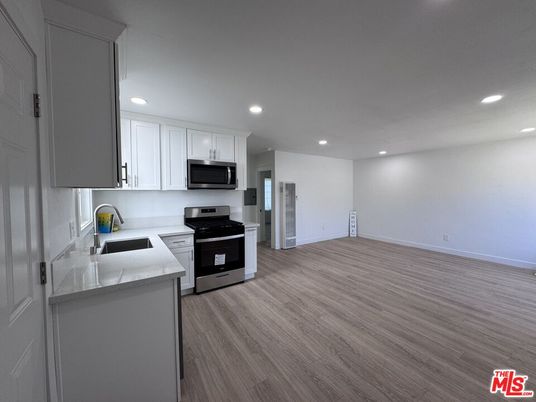Interior, Kitchen, Recessed Lighting, Stainless Steel Appliances, Wood Texture Flooring