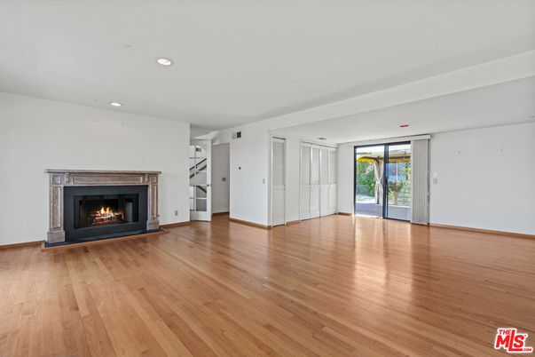 Empty room, Fireplace, Interior, Recessed Lighting, Wood Texture Flooring