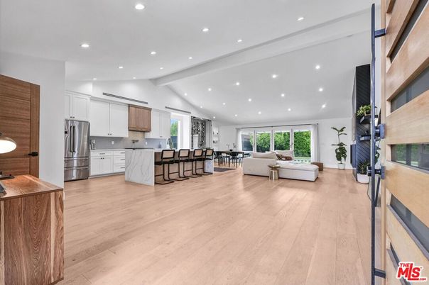 Fireplace, Interior, Kitchen, Living room, Recessed Lighting, Stainless Steel Appliances, Wood Texture Flooring