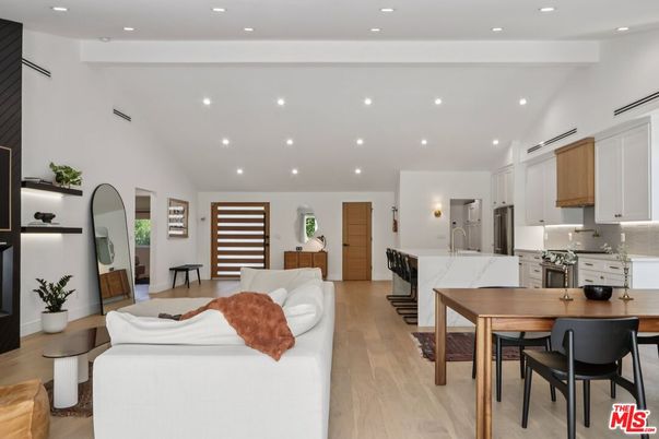 Dining room, Interior, Kitchen, Living room, Recessed Lighting, Stainless Steel Appliances, Wood Texture Flooring