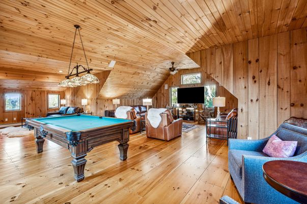 Billiard Table, Chandelier, Game Room, Interior, Living room, Wooden Ceilings, Wood Texture Flooring, Wooden Walls