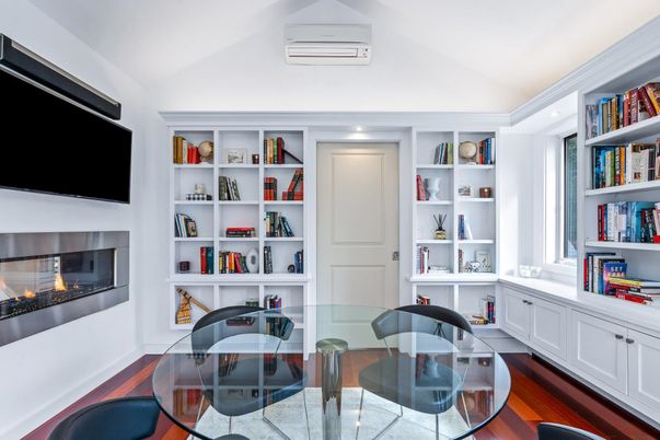 Fireplace, Home Office, Interior, Recessed Lighting, Wood Texture Flooring