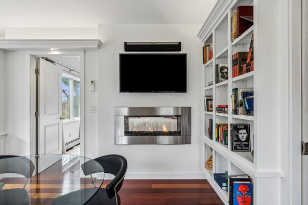 Fireplace, Interior, Recessed Lighting, Wood Texture Flooring