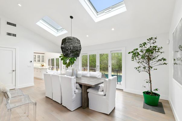 Dining room, Interior, Pendant Lights, Recessed Lighting, Wood Texture Flooring