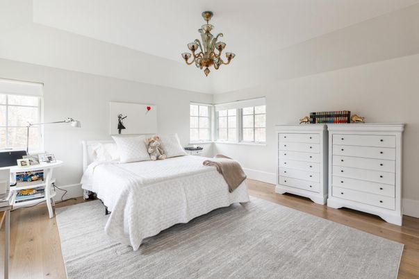 Bedroom, Chandelier, Interior, Wood Texture Flooring