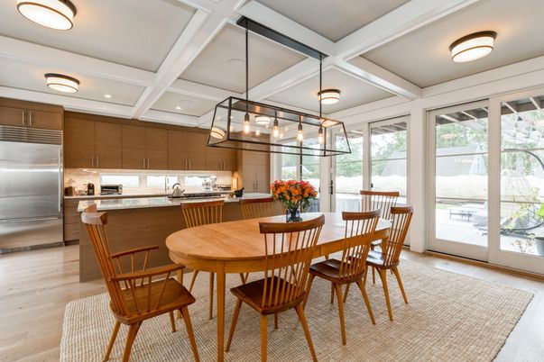 Dining room, Interior, Kitchen, Pendant Lights, Recessed Lighting, Stainless Steel Appliances, Wood Texture Flooring