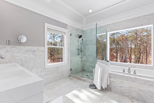 Bathroom, Glass Shower, Interior, Marble, Marble Walls, Recessed Lighting
