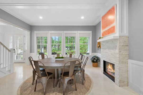 Dining room, Fireplace, Interior, Recessed Lighting