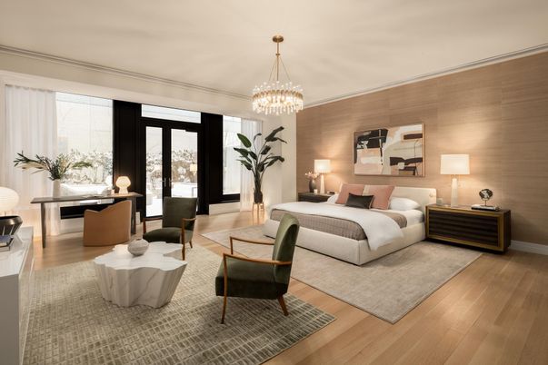 Bedroom, Chandelier, Home Office, Interior, Wood Texture Flooring
