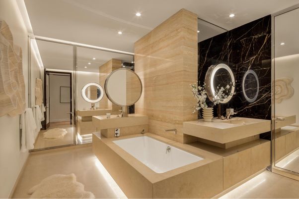 Bathroom, Dual Sink Vanities, Interior, Marble Walls, Recessed Lighting