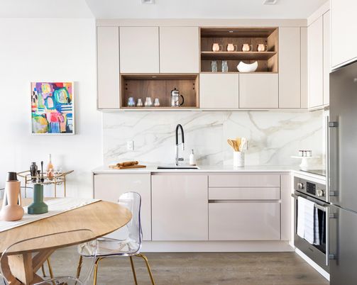 Interior, Kitchen, Marble Walls, Stainless Steel Appliances, Wood Texture Flooring