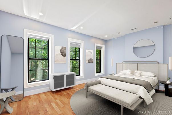 Bedroom, Interior, Recessed Lighting, Wood Texture Flooring