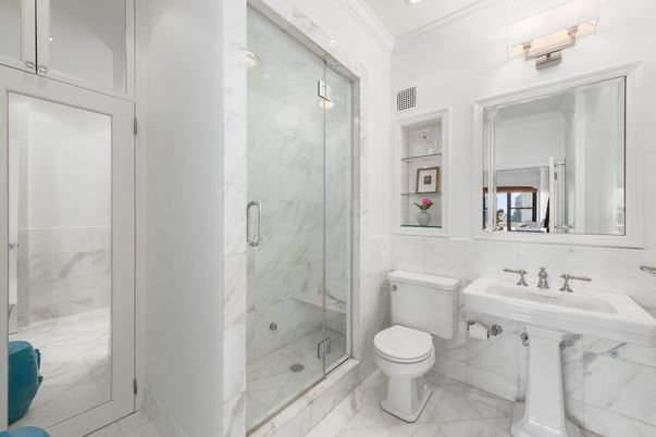 Bathroom, Glass Shower, Interior, Marble, Marble Walls, Recessed Lighting