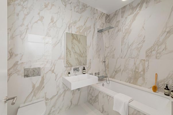 Bathroom, Interior, Marble Walls, Recessed Lighting