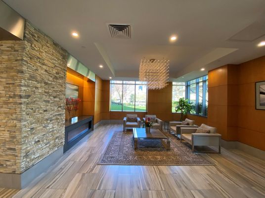 Chandelier, Interior, Living room, Recessed Lighting, Stone Walls, Wood Texture Flooring