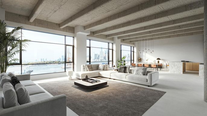 Dining room, Interior, Living room, Pendant Lights, Water, Wooden Beams