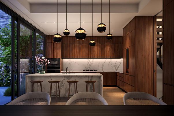 Interior, Kitchen, Pendant Lights, Stainless Steel Appliances, Wood Texture Flooring