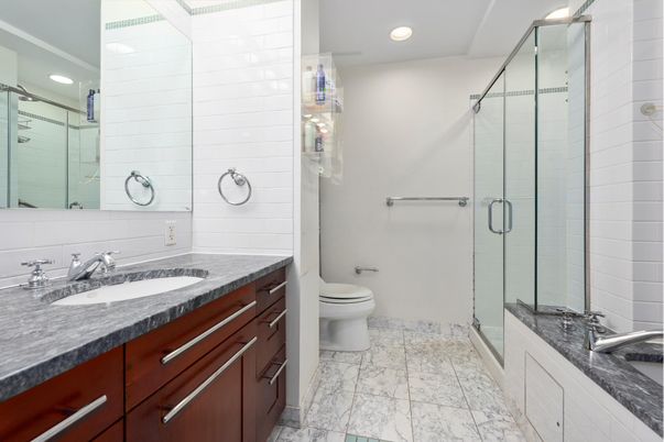 Bathroom, Dual Sink Vanities, Glass Shower, Interior, Marble, Recessed Lighting