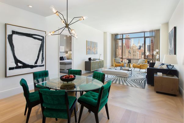 Dining room, Interior, Living room, Pendant Lights, Recessed Lighting, Wood Texture Flooring