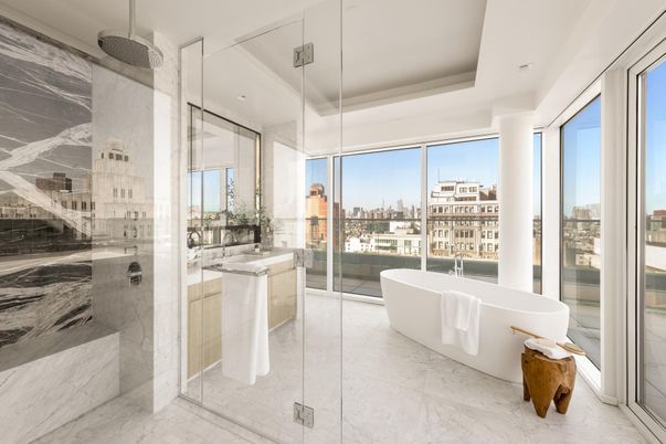 Bathroom, Free Standing Baths, Glass Shower, Interior, Marble, Marble Walls, Recessed Lighting