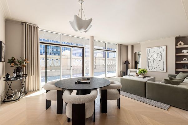 Dining room, Interior, Living room, Pendant Lights, Wood Texture Flooring