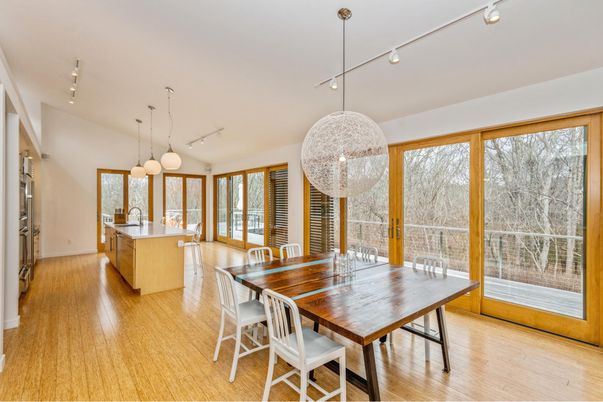 Dining room, Interior, Kitchen, Pendant Lights, Recessed Lighting, Wood Texture Flooring