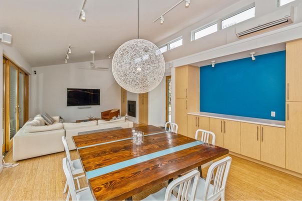 Dining room, Interior, Living room, Pendant Lights, Wood Texture Flooring