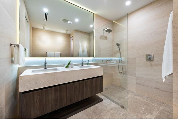 Bathroom, Dual Sink Vanities, Glass Shower, Interior, Recessed Lighting