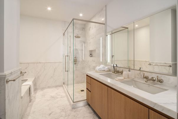 Bathroom, Dual Sink Vanities, Glass Shower, Interior, Marble, Marble Walls, Recessed Lighting
