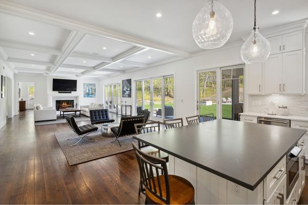 Dining room, Fireplace, Interior, Kitchen, Living room, Pendant Lights, Recessed Lighting, Wood Texture Flooring