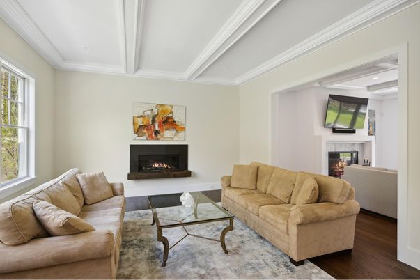 Fireplace, Interior, Living room, Recessed Lighting, Wood Texture Flooring